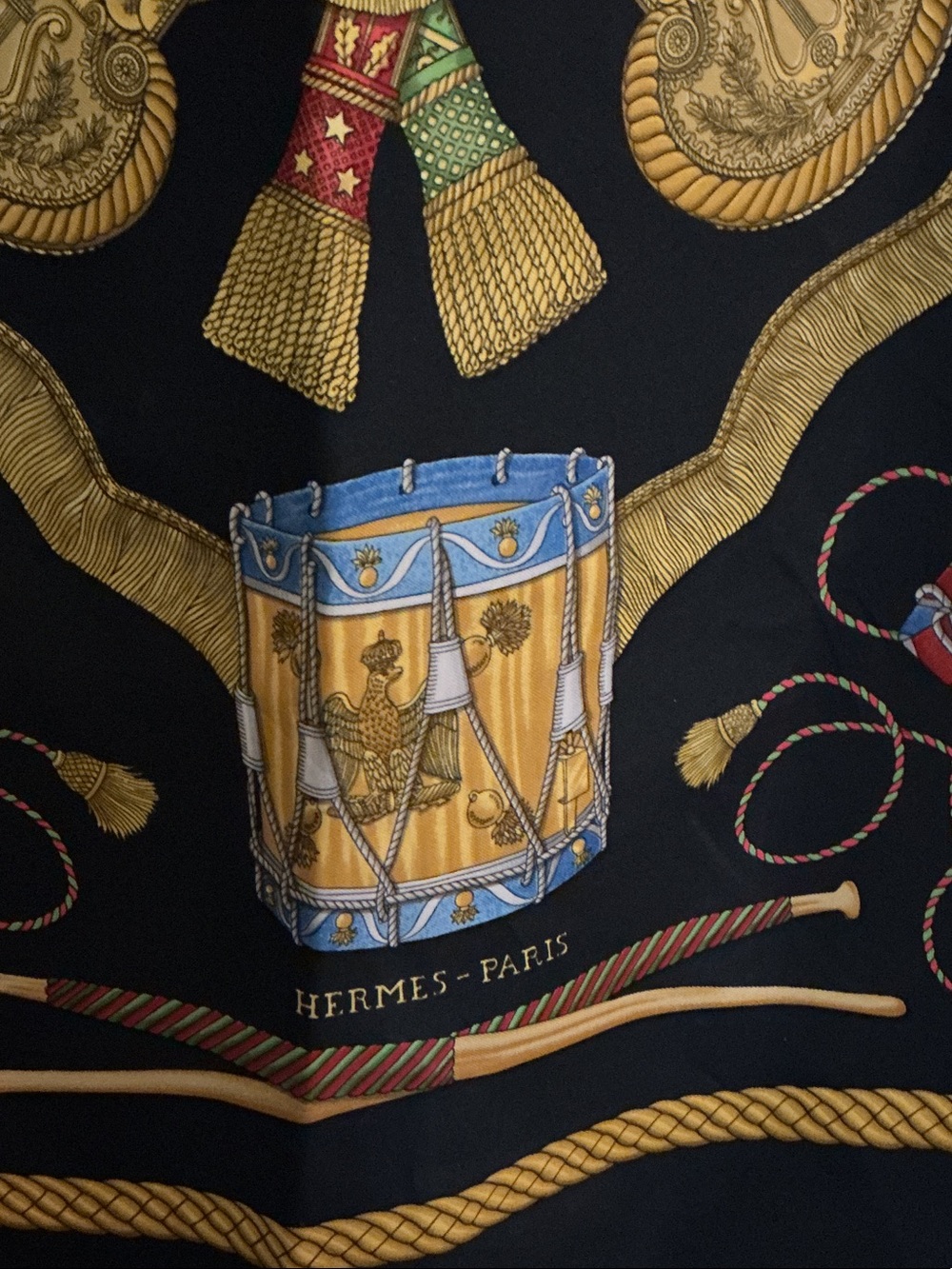 Hermes Paris AUTHENTIC Les Tambours (Drums) Black Silk Twill Scarf Multicolor - Picture 2 of 11